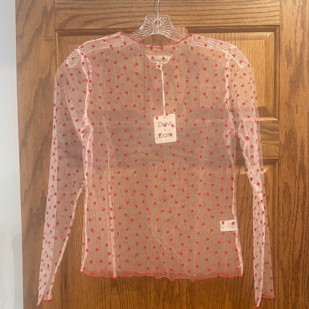 DAVI & DANI Sheer Red Heart Blouse